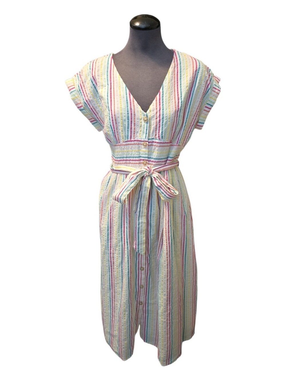 NWT LOFT Rainbow Striped Seersucker Dress W/ Buttons and Waist Belt